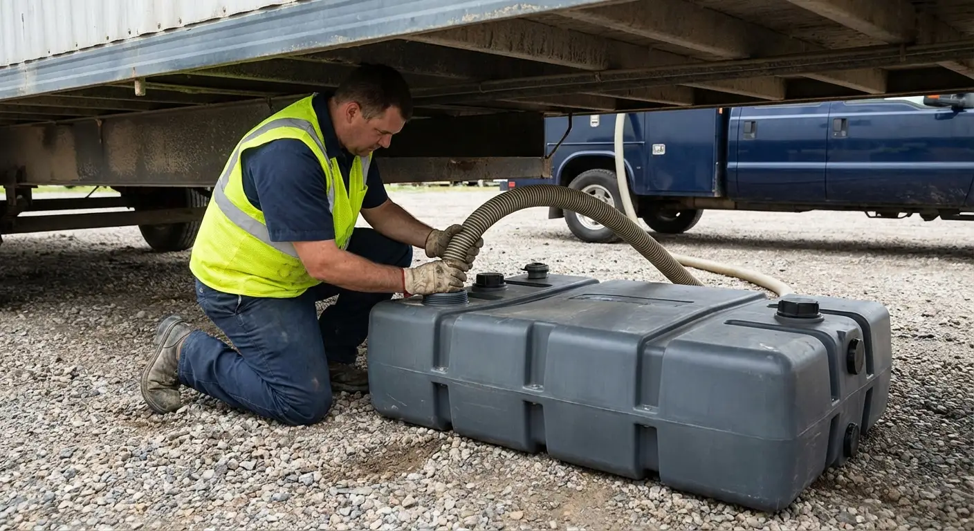 Genesee Portable Toilets vacuum truck servicing a waste holding tank at a construction site in Flint, MI