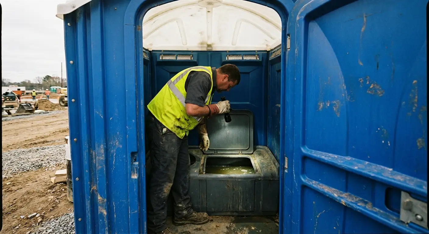Technician inspecting waste tank levels in Flint, MI